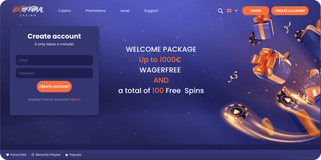 BetOriginal Casino Homepage
