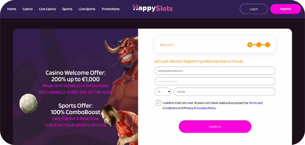 HappySlots Registration form